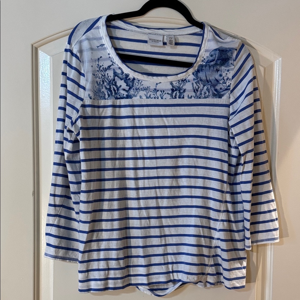 Chico's Blue and White Striped Long Sleeve Top S